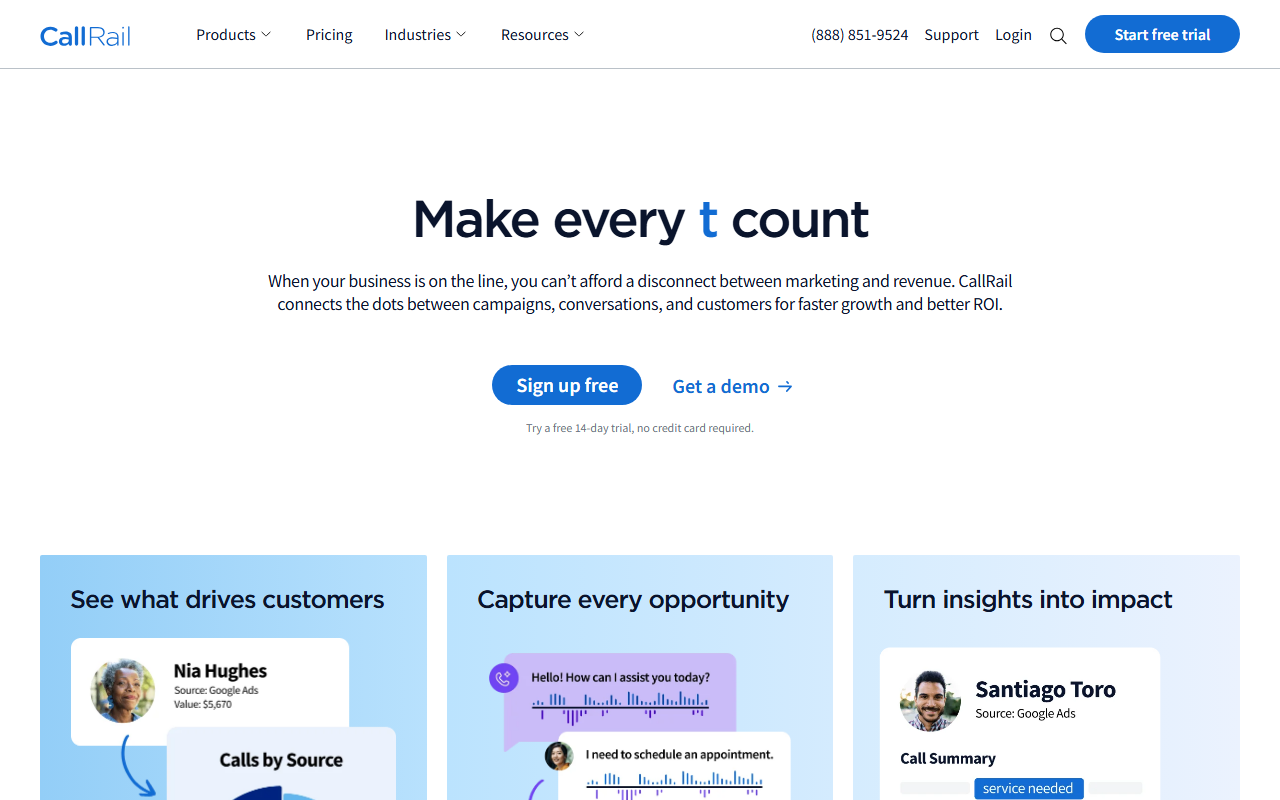 CallRail home page screenshot from our test